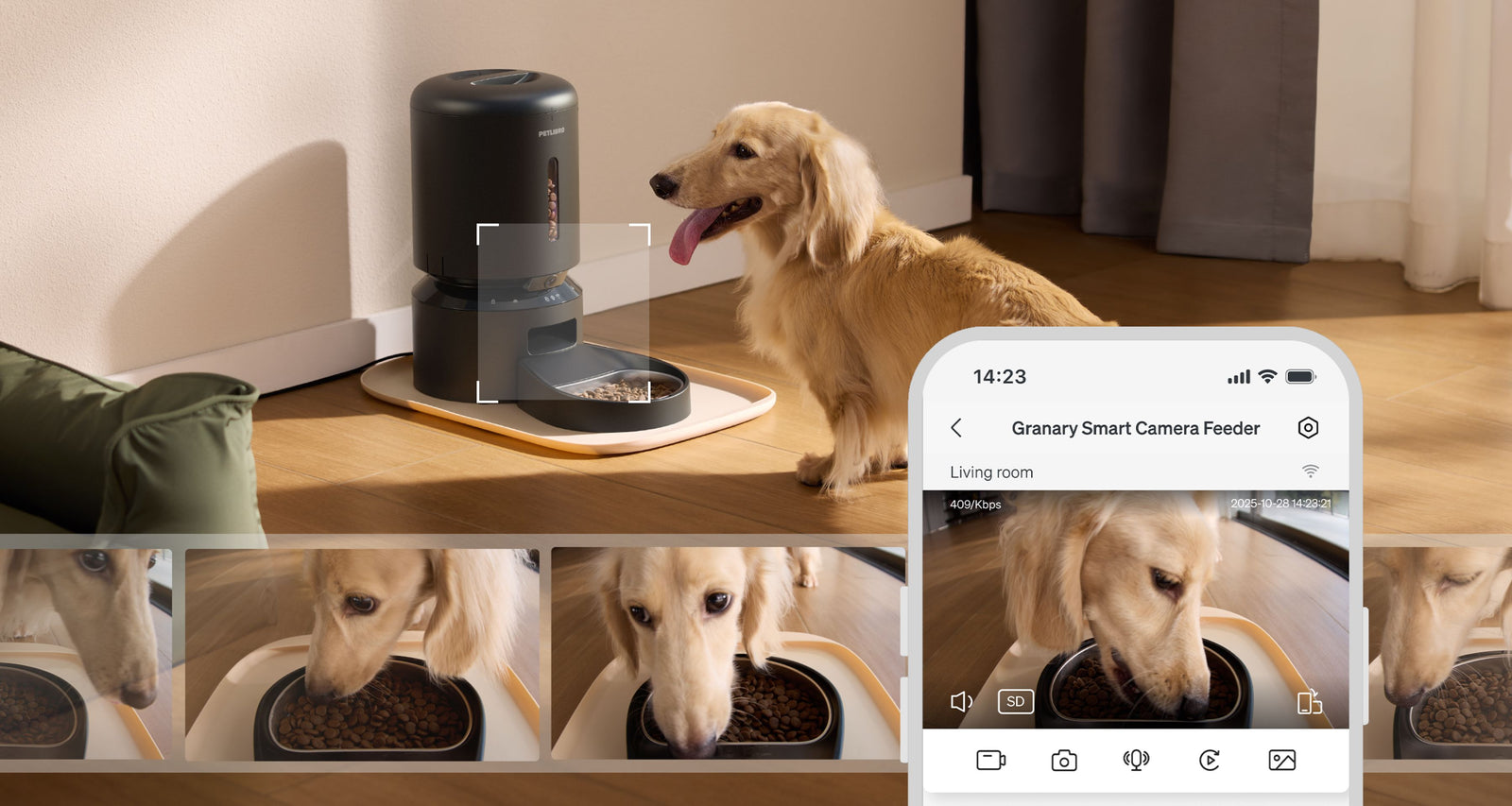 A dog eating from a PETLIBRO camera feeder at home